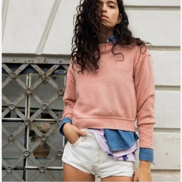 Free People Light Pink Mock Neck 100% Cashmere Soft Sweater Women’s Size Large - Picture 1 of 7